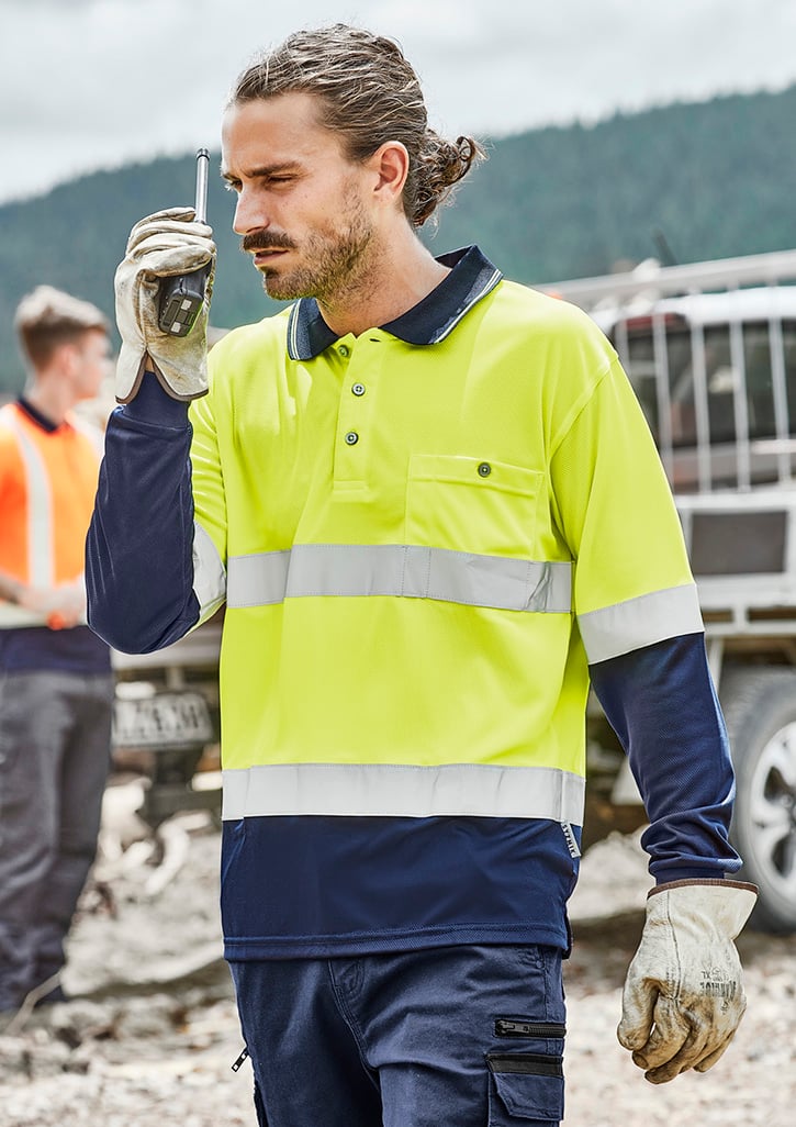 Mens Hi Vis Spliced Long Sleeve Polo - Hoop Taped