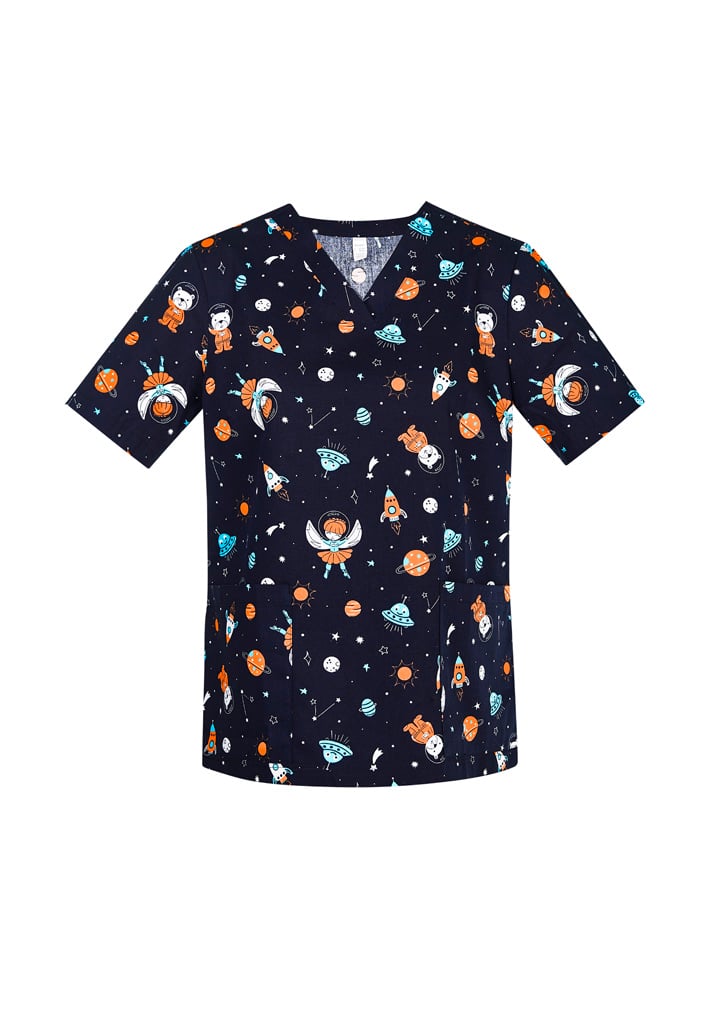 Printed Womens Space Party Scrub Top